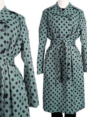 Teal Polka Dot Trench Coat Size 14 Large Double Breasted Belted